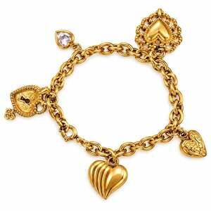 Gold Tone Heart Charm Bracelet Chunky Chain Crystal Lock Statement Jewelry